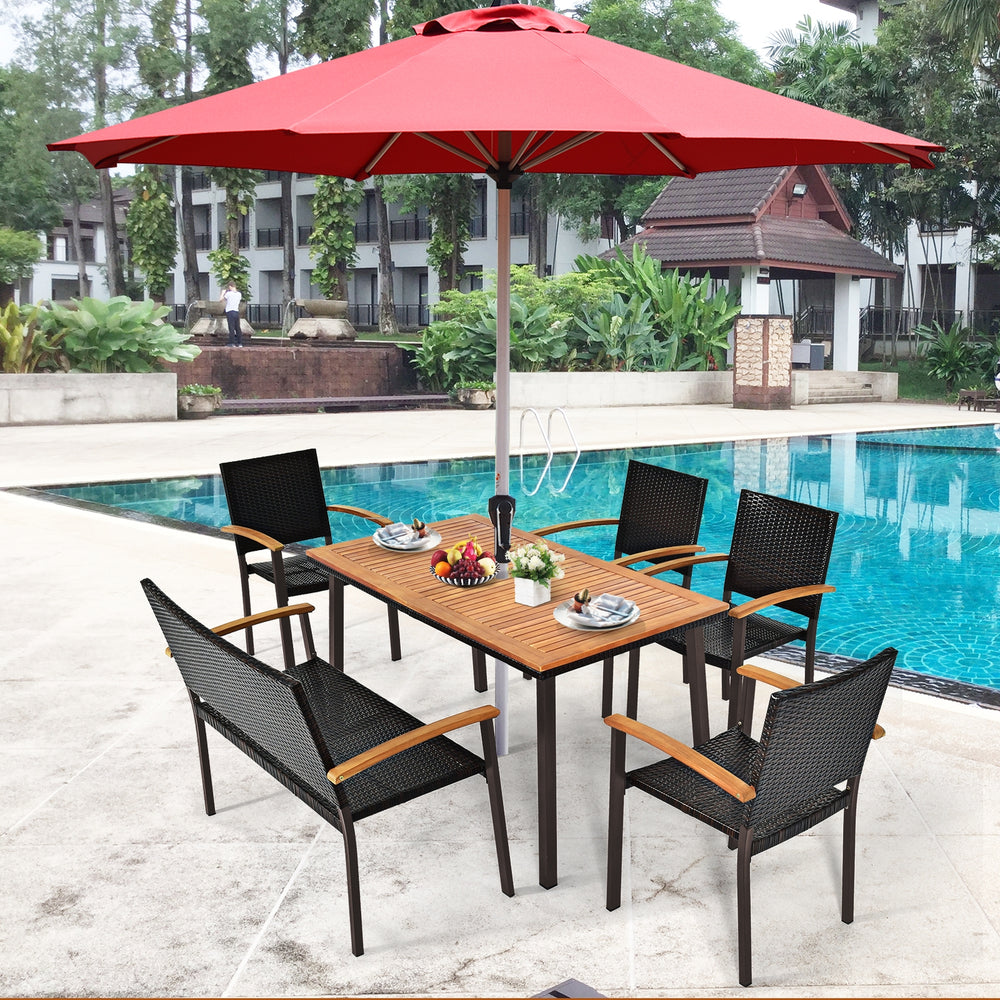 Acacia wood patio dining table with slatted surface, umbrella hole, and rust-proof legs, ideal for outdoor gatherings.