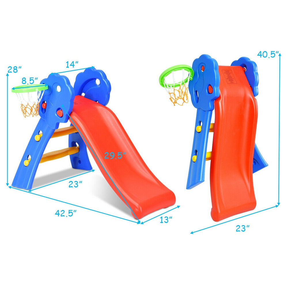 Kids plastic folding slide with basketball hoop, durable HDPE material, two-step ladder for indoor fun and safety.