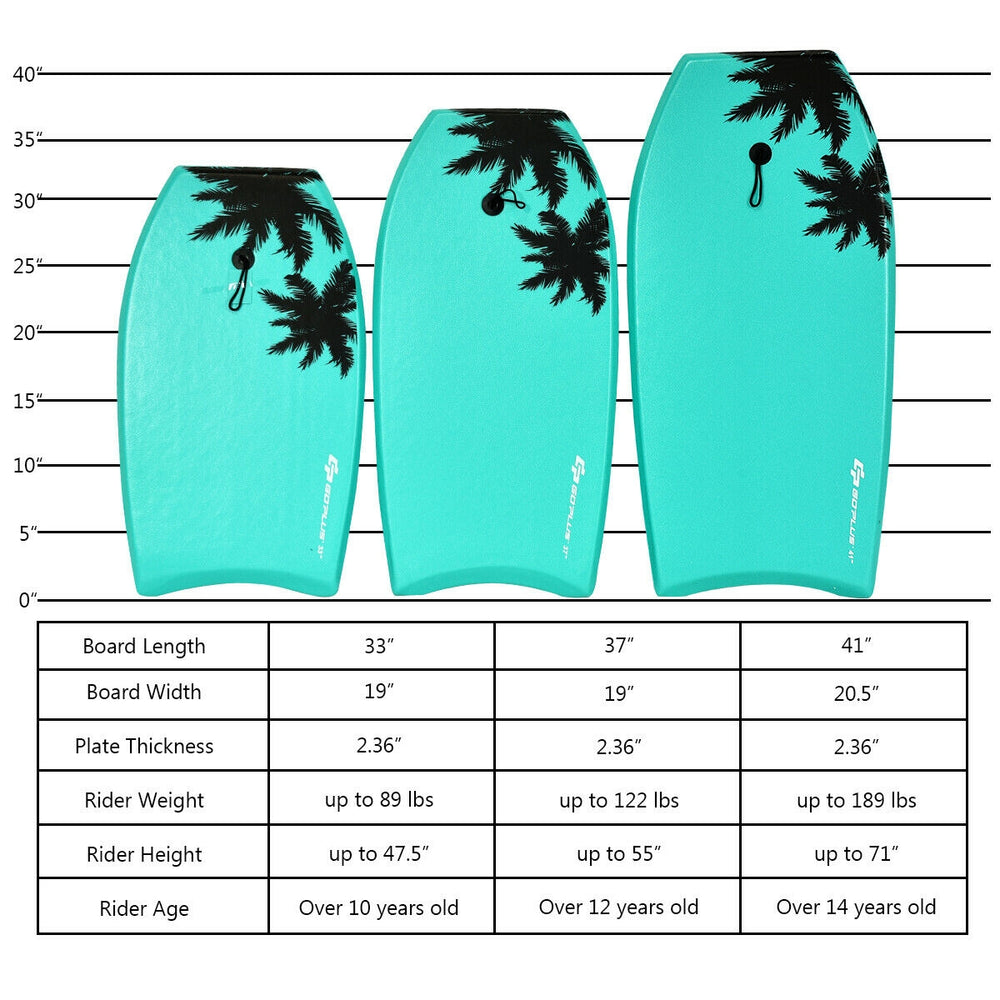 33-inch lightweight bodyboard with EPS core and XPE deck, designed for water sports and easy transport.