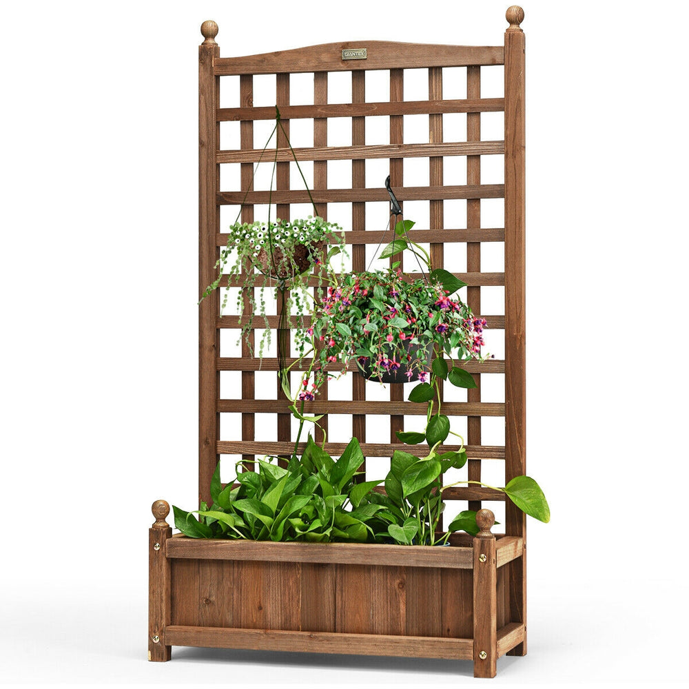 Free standing solid wood planter box with trellis, featuring a large storage space for various plants, perfect for.