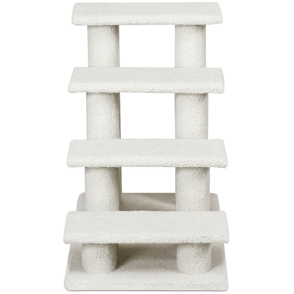4-step carpeted cat stairs in beige with scratching posts, providing stability and comfort for pets to climb and relax.