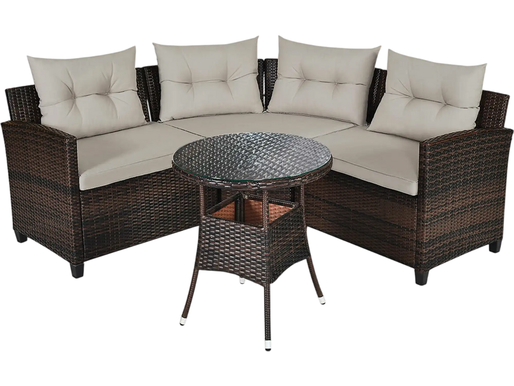 Corner wicker sofa set with soft cushions and glass-top coffee table, perfect for outdoor patio relaxation.