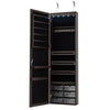 Brown wall-mounted jewelry armoire with 5 LED lights, full-length mirror, and organized compartments for accessories.