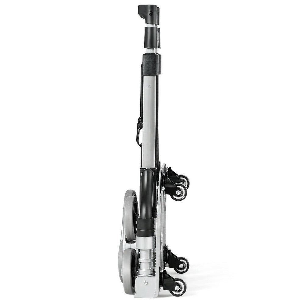 Folded portable stair climbing hand truck with high-quality wheels, adjustable handle, and space-saving design for easy.