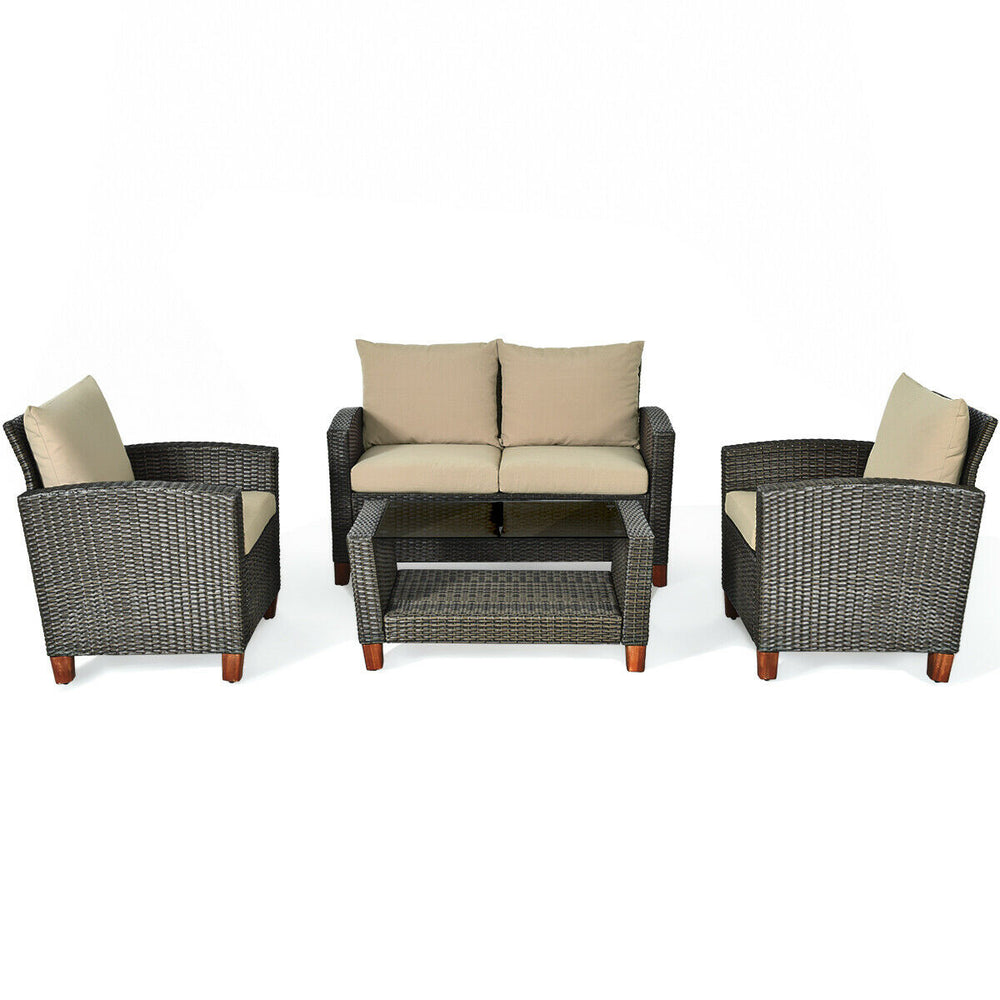 4-piece patio rattan furniture set with cushions, featuring a loveseat and two chairs, perfect for outdoor relaxation.