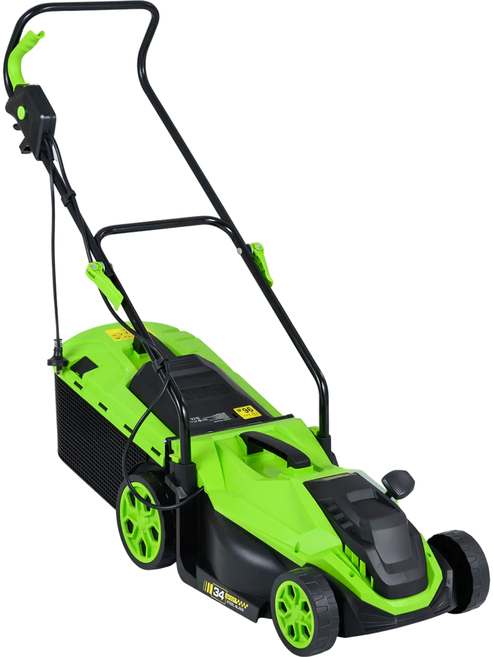 Electric corded lawn mower with a 13.5-inch cutting width, 12-AMP motor, and foldable handle for easy storage.