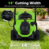 Electric corded lawn mower with 13.5-inch cutting width and foldable handle, ideal for efficient mowing in small spaces.