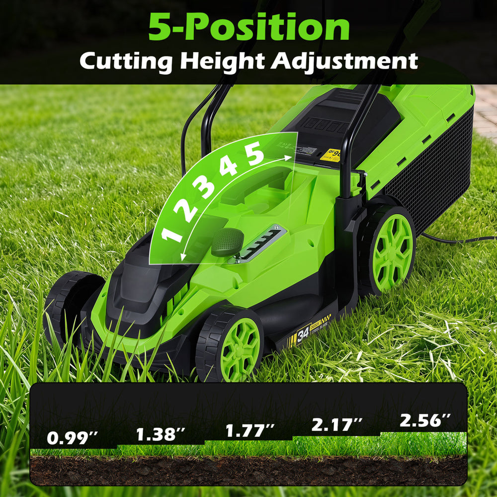 5-position cutting height adjustment display on a 12-AMP electric lawn mower for customizable grass cutting.