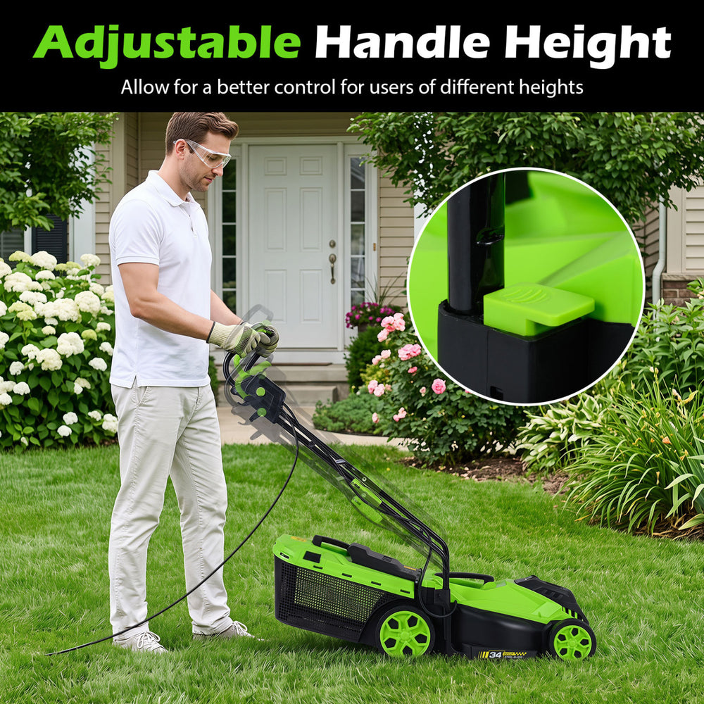Adjustable electric lawn mower with a 13.5-inch cutting width and 35L collection box for efficient grass clipping storage.
