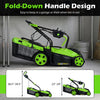 Electric corded lawn mower with a foldable handle and 13.5-inch cutting width for easy storage and efficient mowing.