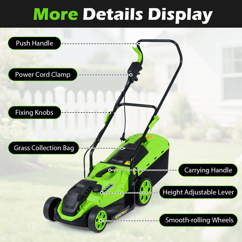 Adjustable electric corded lawn mower features a 13.5-inch cutting width, foldable handle, and 35L grass collection box.