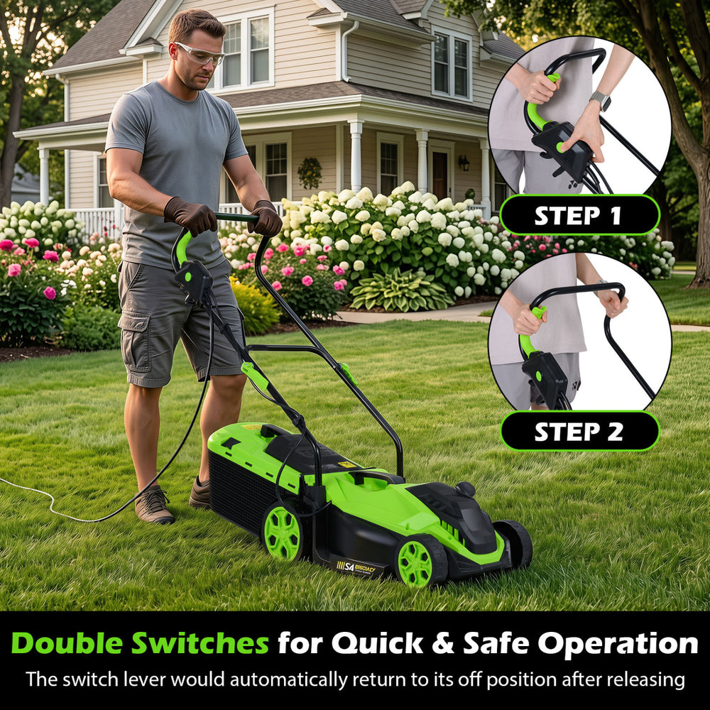 Electric corded lawn mower with 13.5-inch cutting width, foldable handle, and 35L collection box for efficient grass cutting.