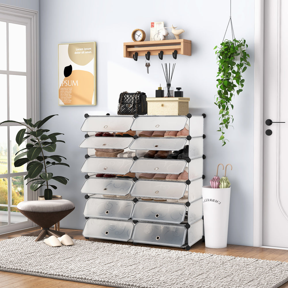 12-Cube DIY Portable Plastic Shoe Rack with Transparent Doors-White - Gallery View 1 of 11
