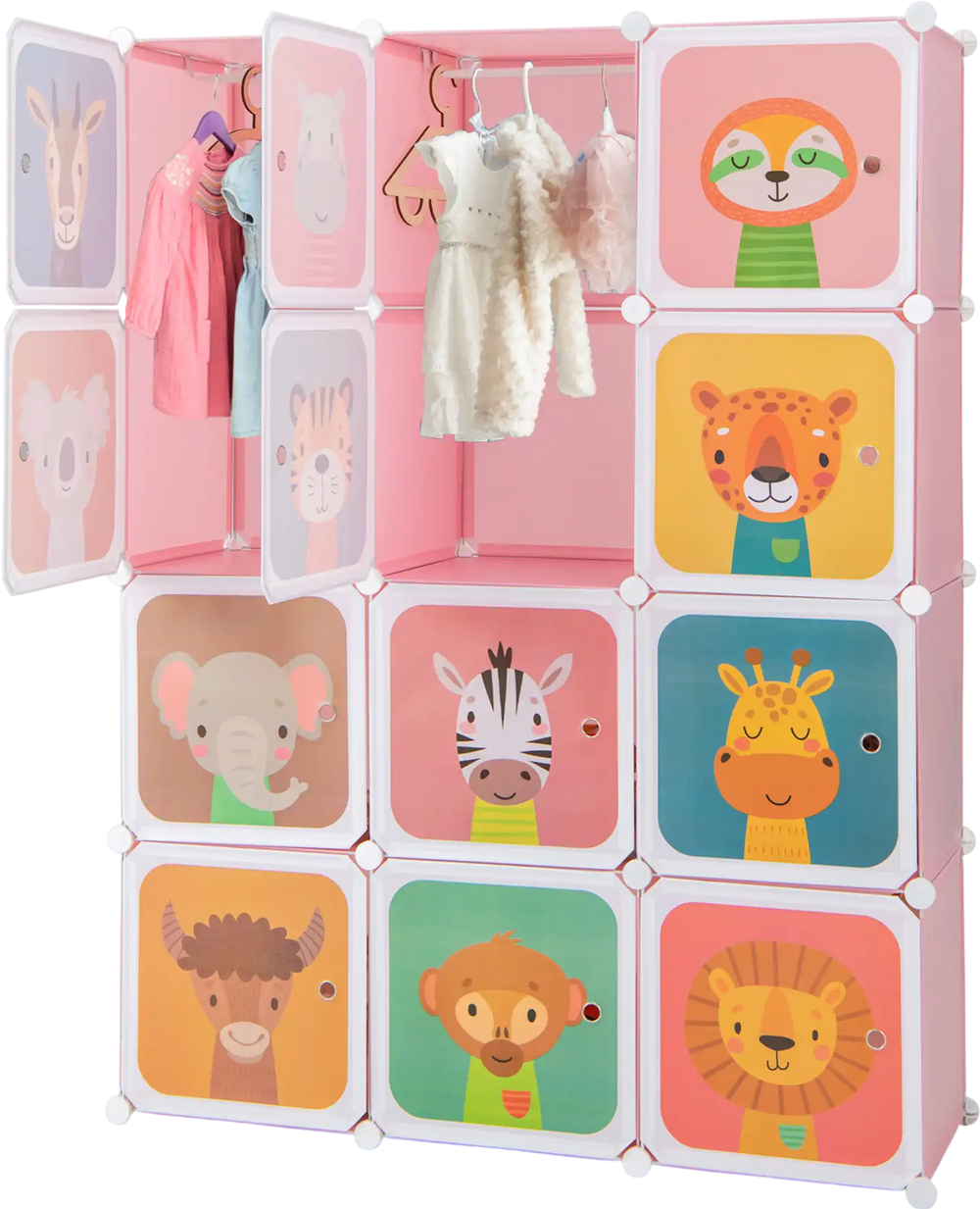 Colorful 12 cube kids wardrobe closet in pink with animal patterns, featuring hanging section for versatile storage.