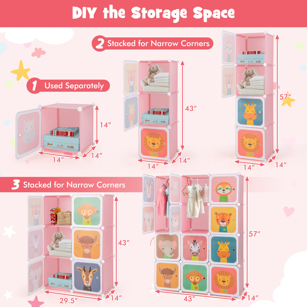 12-cube pink kids wardrobe closet with doors, featuring flexible arrangement and hanging section for versatile storage.