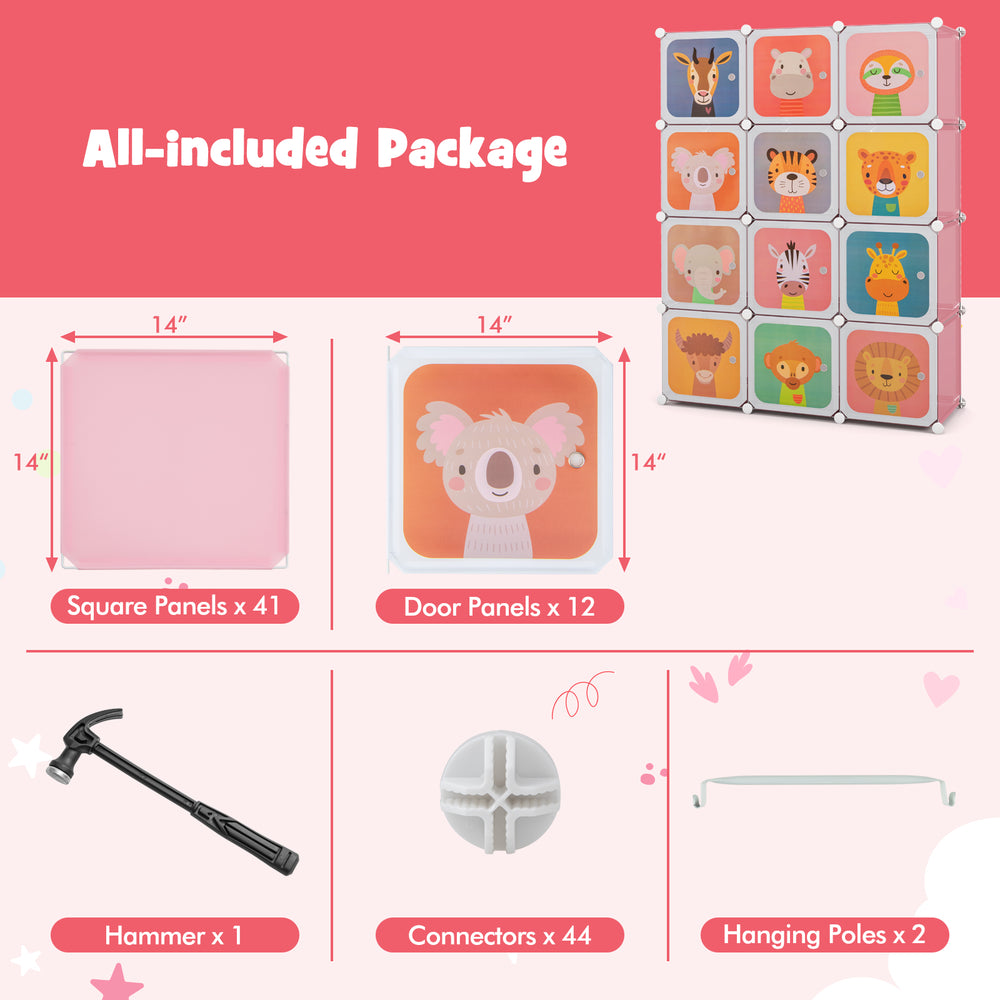 12-cube kids wardrobe closet in pink with cartoon door panels, includes connectors and a hammer for easy assembly.