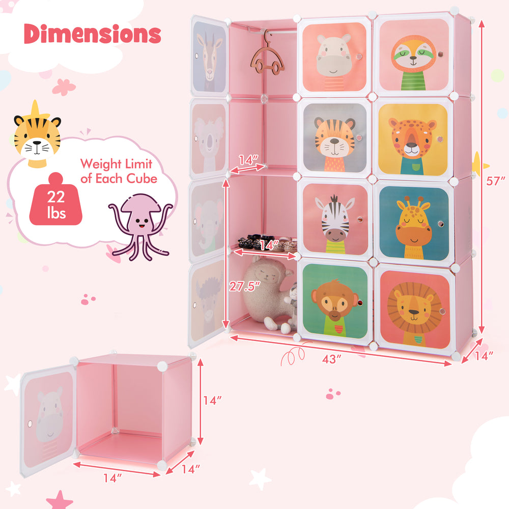 12-cube kids wardrobe closet in pink with cartoon doors, featuring a hanging section for versatile storage solutions.