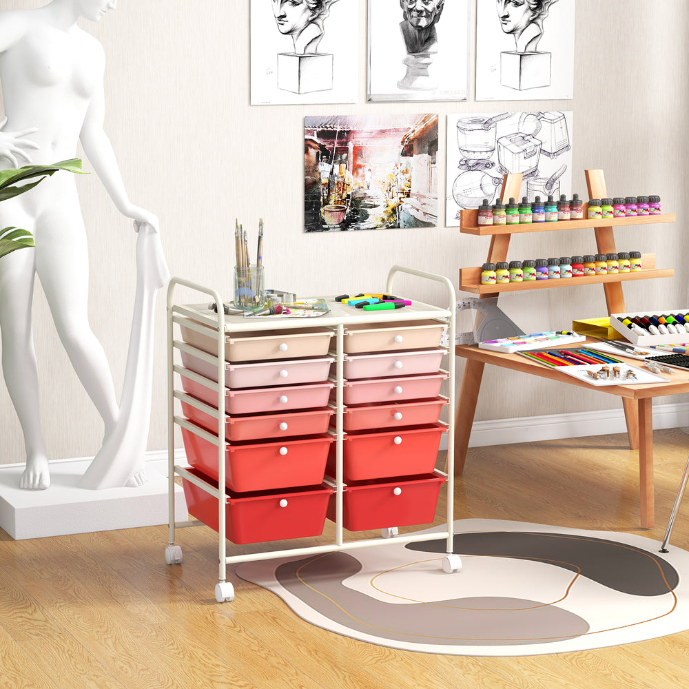 12-Drawer Rolling Storage Cart with Removable Drawers and Lockable Wheels-Pink - Gallery View 1 of 10