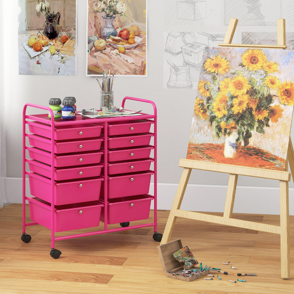12-Drawer Rolling Storage Cart with Removable Drawers and Lockable Wheels-Rose Red - Gallery View 1 of 11