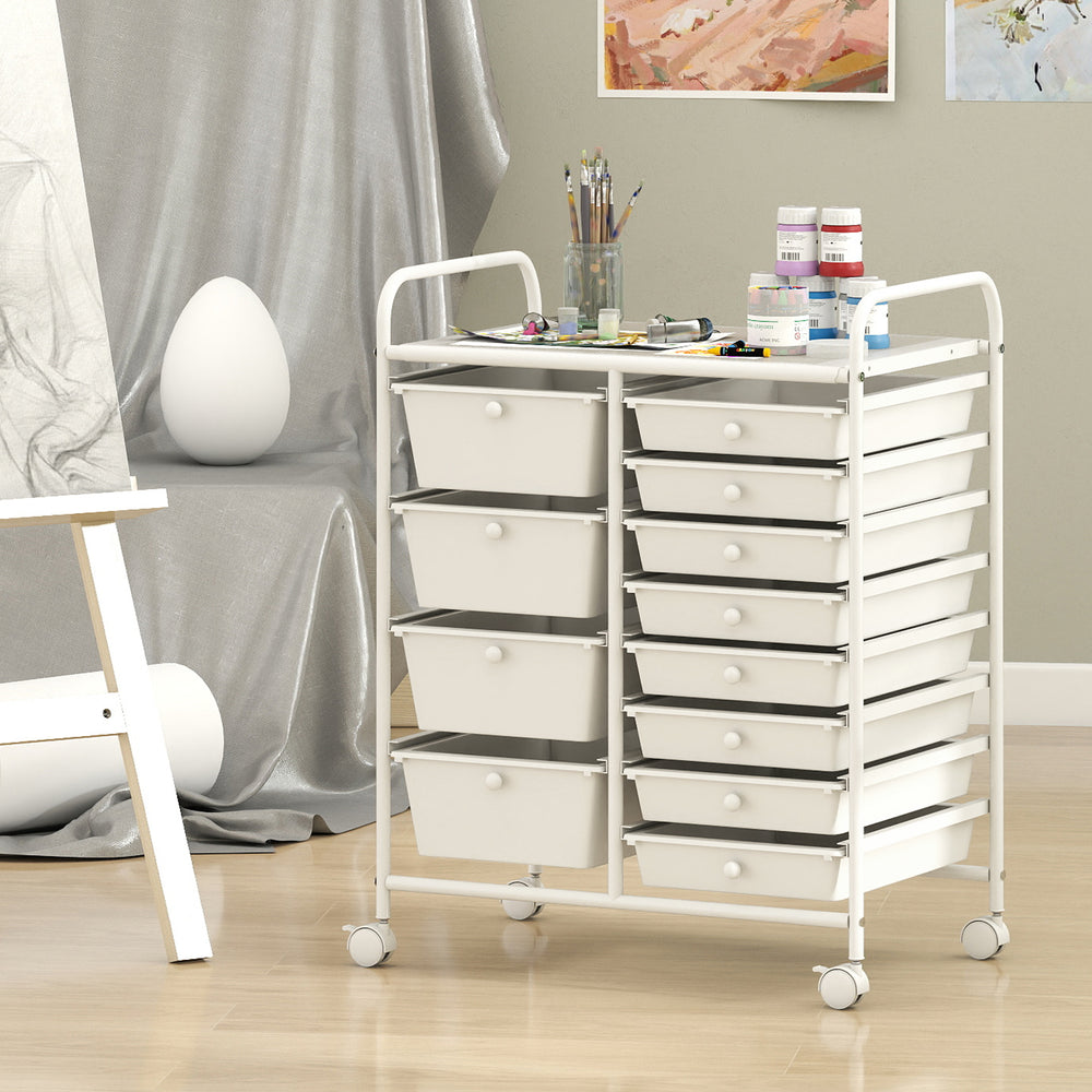 Utility rolling cart with 12 removable drawers in white, featuring a spacious top and smooth-rolling casters for.