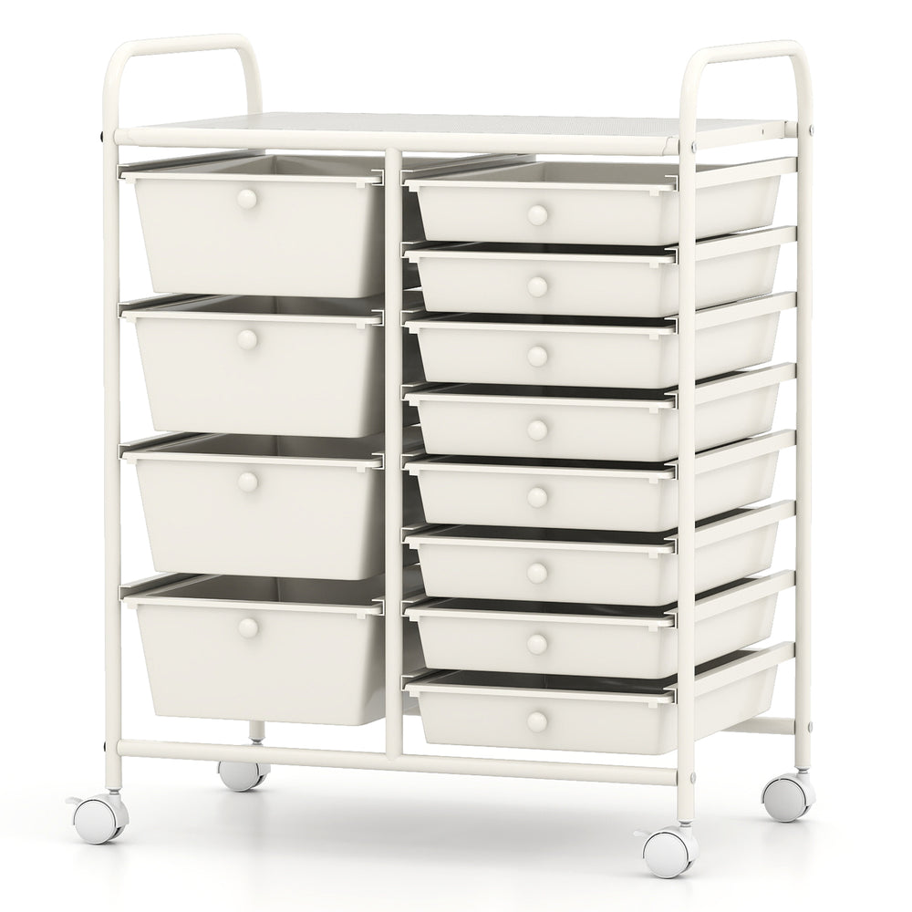 12-drawer utility rolling cart in white with removable drawers and lockable casters for versatile storage solutions.