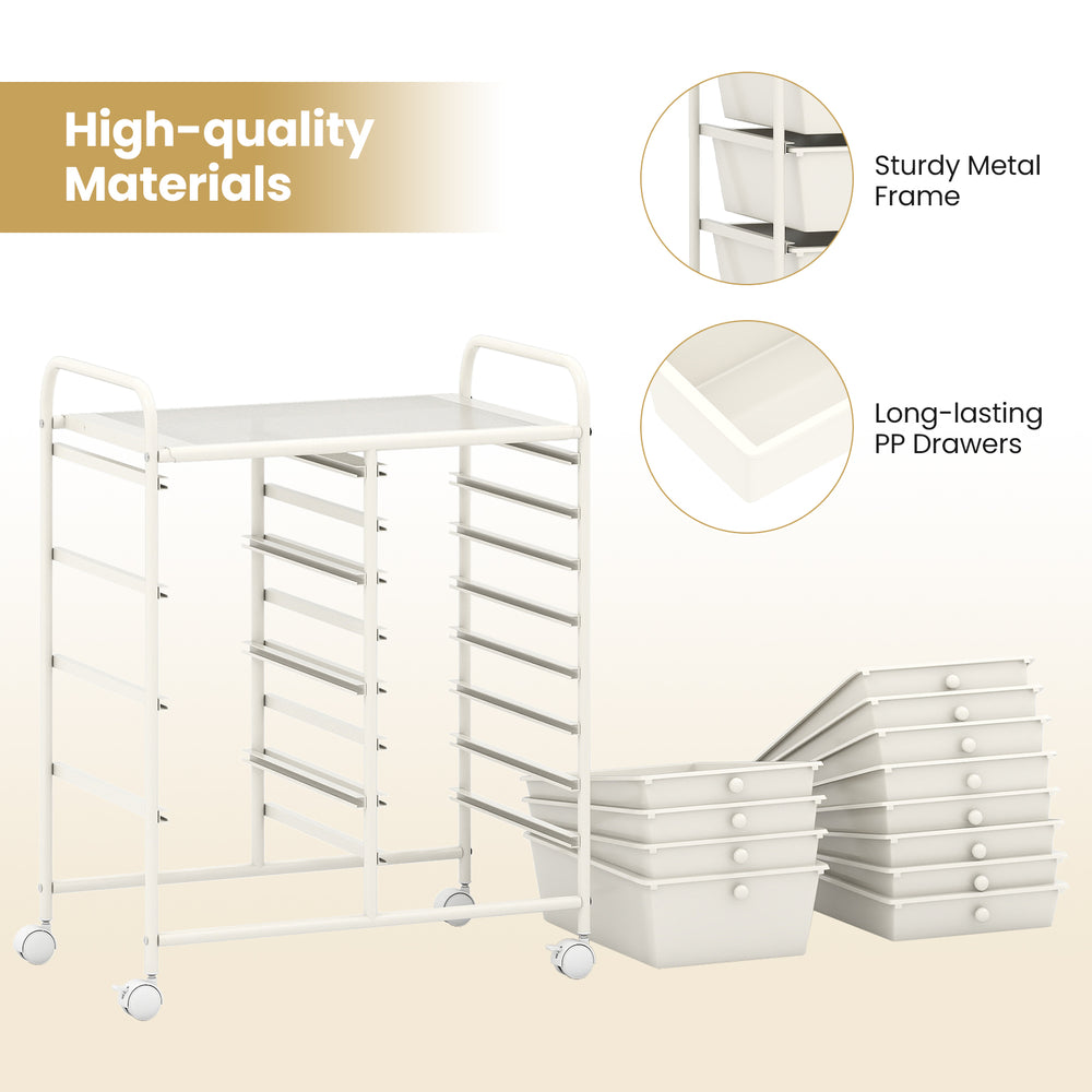Utility rolling cart with a sturdy metal frame and sleek handles, featuring 12 drawers for organized and easy-access.