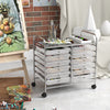 Rolling storage cart with 12 transparent drawers, metal frame, and wheels, ideal for home or office organization.