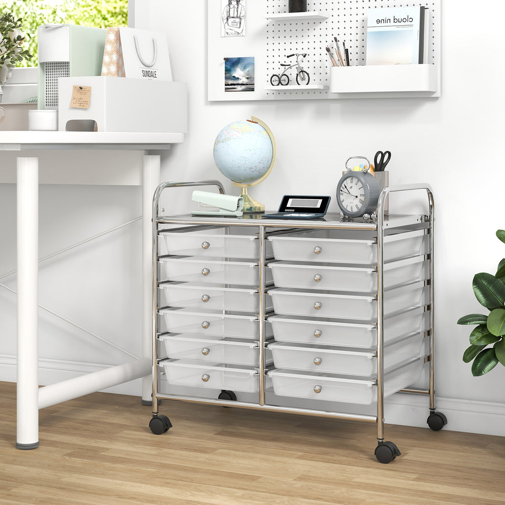 12-drawer rolling storage cart with transparent drawers and metal frame, ideal for home and office organization.