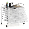 Rolling storage cart with 12 transparent drawers, metal frame, and wheels, ideal for home and office organization.
