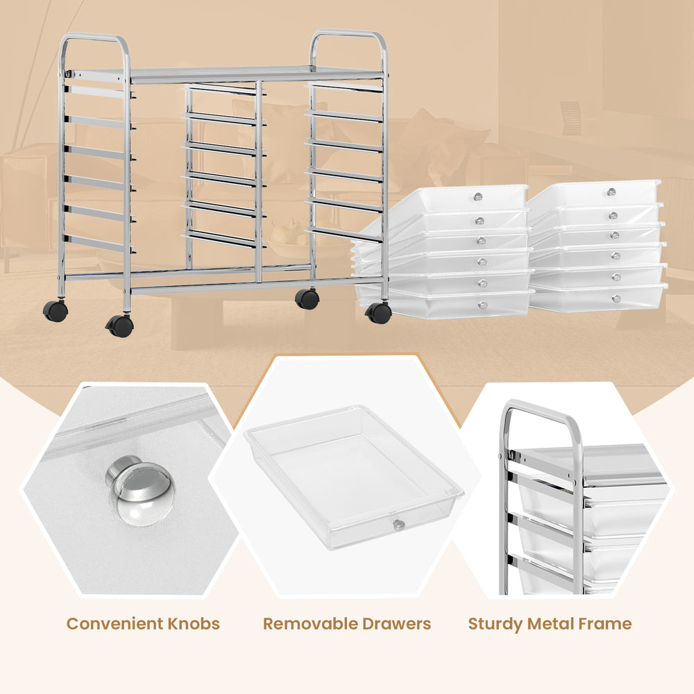 Rolling storage cart with 12 removable drawers, sturdy metal frame, and wheels for easy movement in home or office.
