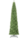 12 ft artificial Christmas tree with 1818 PVC branch tips, featuring a slim pencil shape for narrow spaces and easy setup.