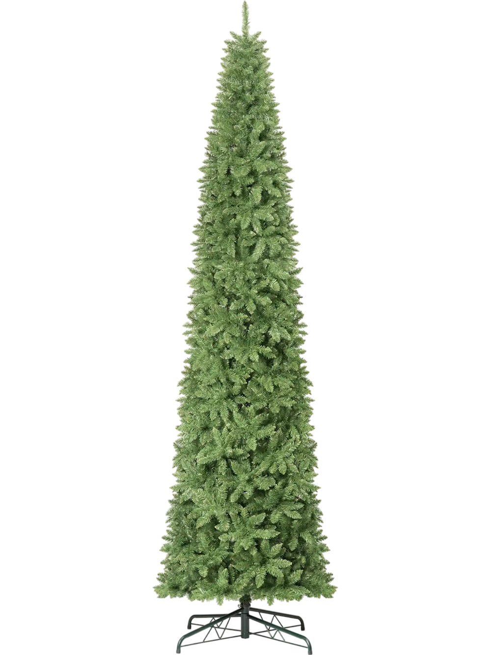 12 ft artificial Christmas tree with 1818 PVC branch tips, featuring a slim pencil shape for narrow spaces and easy setup.
