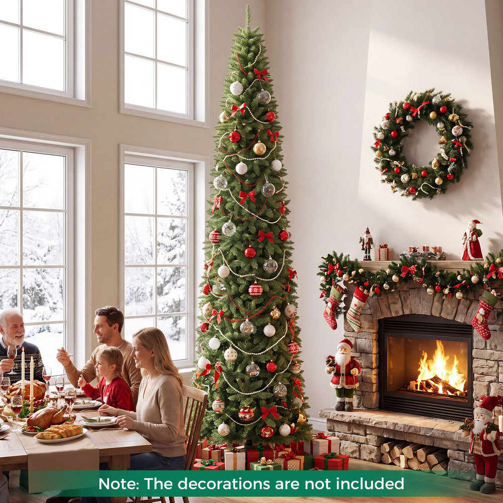 12 FT artificial Christmas tree with 1818 PVC branch tips, featuring a slim pencil shape for elegant holiday decor.