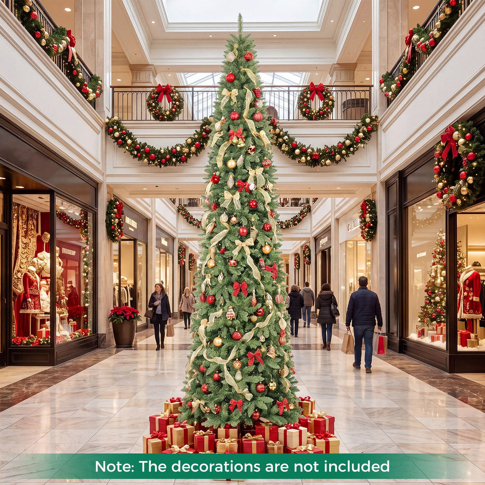12 FT artificial Christmas tree with 1818 PVC branch tips, featuring a slim shape for elegant holiday displays.
