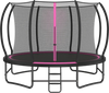 12 FT outdoor trampoline with pink enclosure net, stabilizer bars, and anti-slip ladder for safe backyard fun.