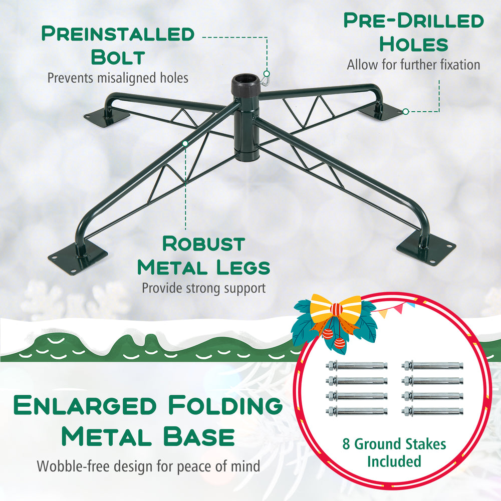Sturdy foldable metal base with pre-drilled holes for easy installation of the 12 ft prelit Christmas tree.