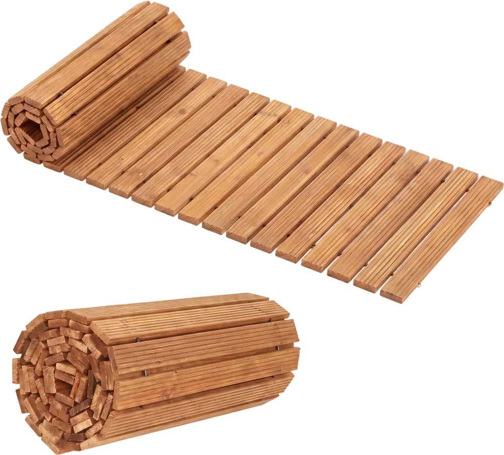 Wooden garden pathway rolled out, 12 ft long and 22 inches wide, ideal for outdoor walkways and landscaping.
