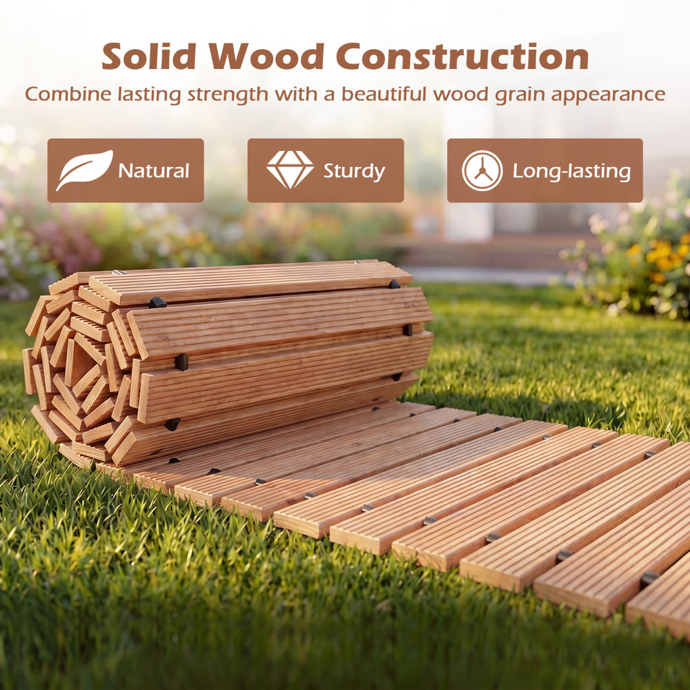 12 FT wooden garden pathway rolled out on grass, featuring sturdy solid wood construction for outdoor use.