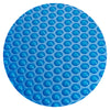 Close-up of the blue bubble design of a 12 mil solar pool cover, enhancing heat retention and reducing evaporation.