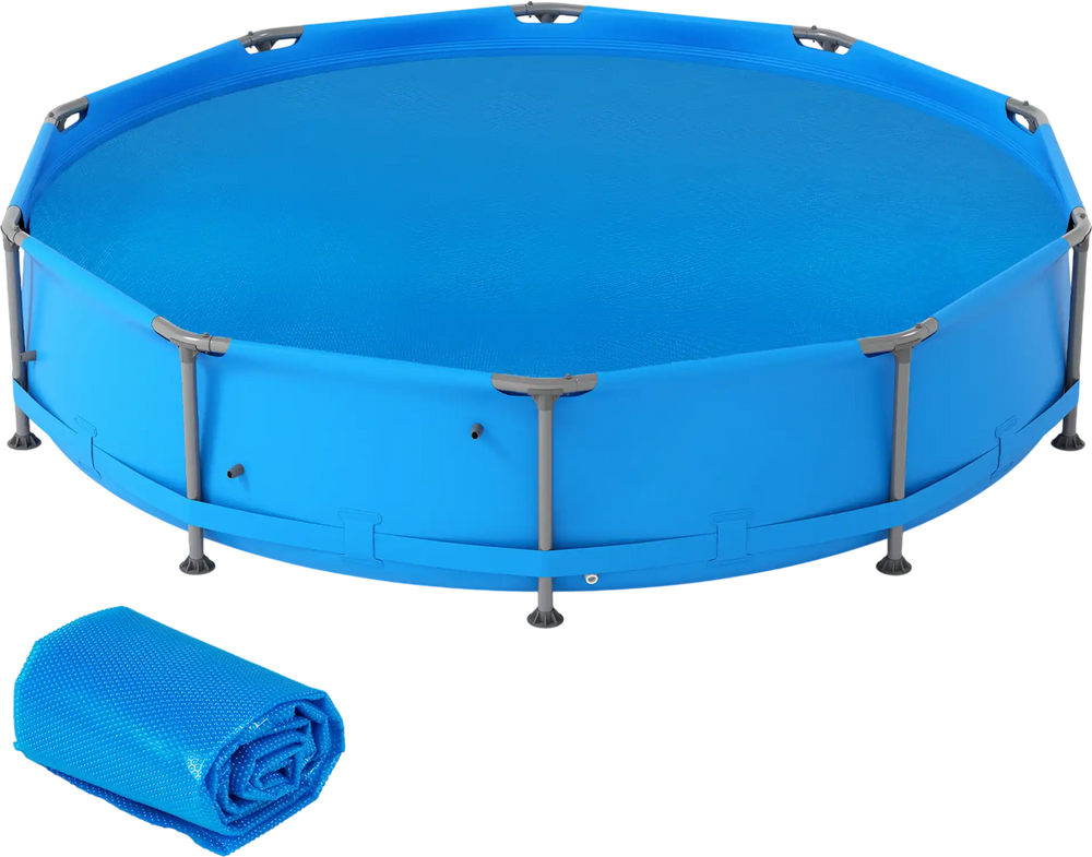 Round 12 feet solar pool cover in blue, made from durable PE material, prevents debris and retains heat for swimming.
