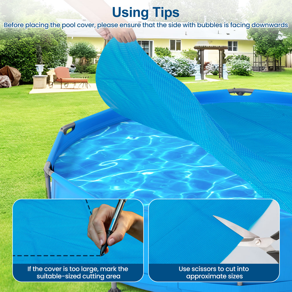 Round solar pool cover being placed on a swimming pool, crafted from durable PE material to retain heat and reduce.
