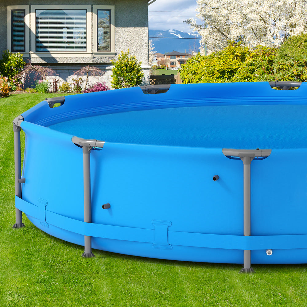 Round blue solar pool cover, 12 mil PE material, prevents debris, retains heat, fits above-ground and in-ground pools.