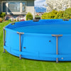 Round blue solar pool cover, 12 mil PE material, prevents debris, retains heat, fits above-ground and in-ground pools.