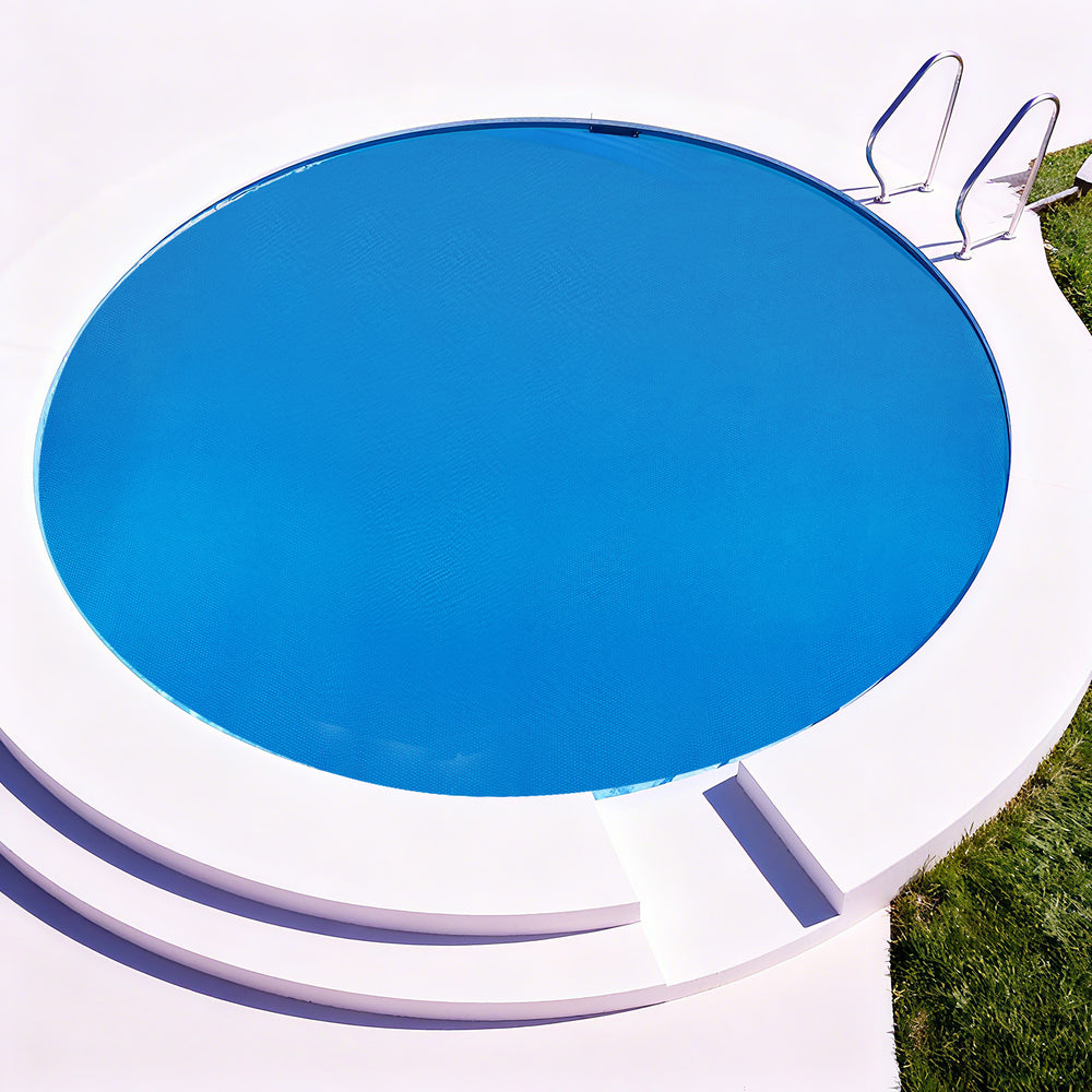 Round solar pool cover, 12 feet, 12 mil PE material, prevents debris, retains heat, fits in-ground and above-ground.
