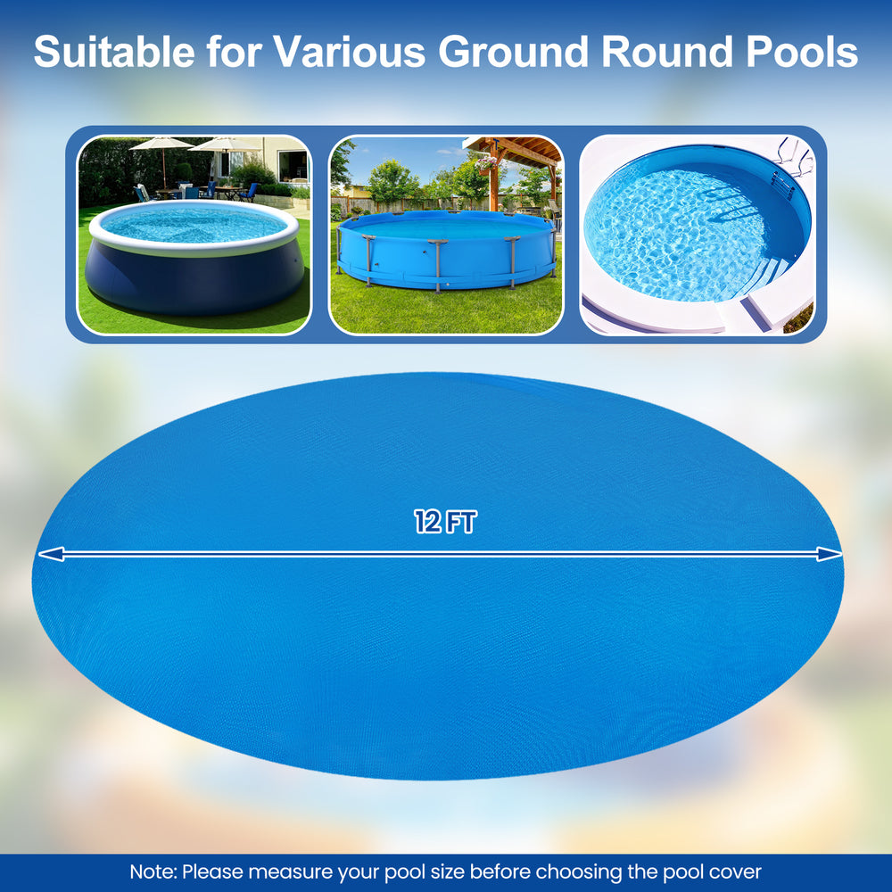 12-foot round solar pool cover made of durable PE material, designed to retain heat and reduce evaporation for swimming.