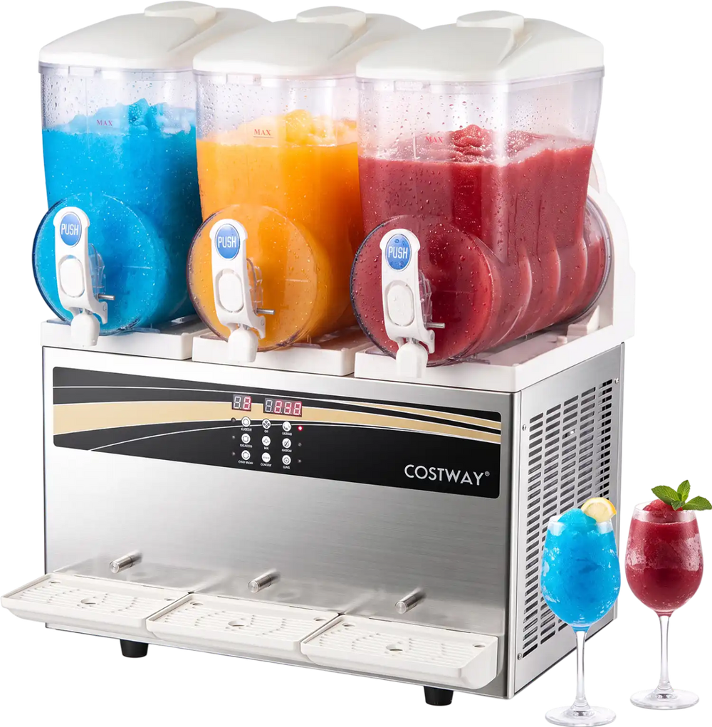 Commercial slushy dispenser with three independent tanks, 12 gal capacity, ideal for vibrant slushies and margaritas.
