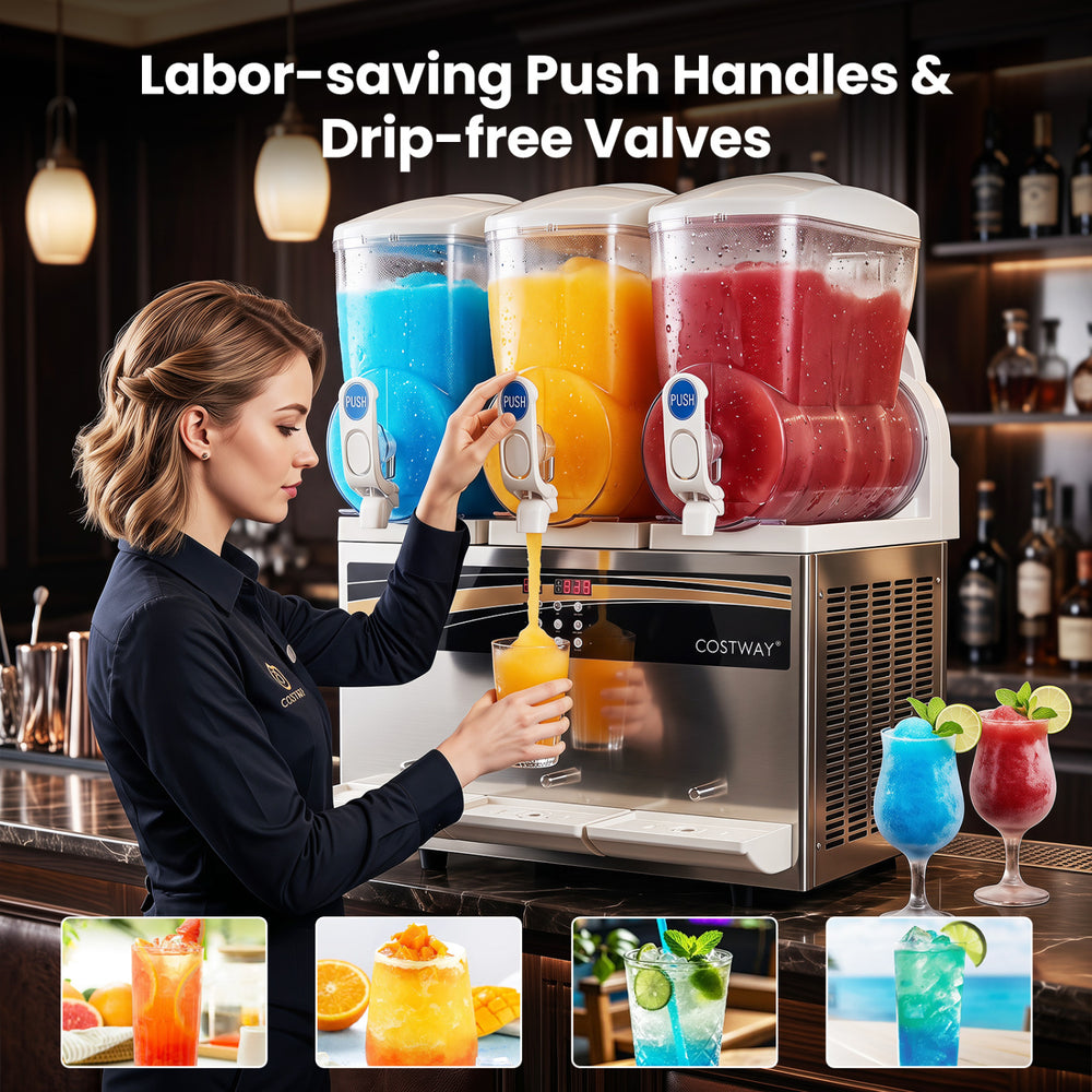 Commercial slushy dispenser with three independent tanks, producing vibrant slushies and margaritas for bars and parties.