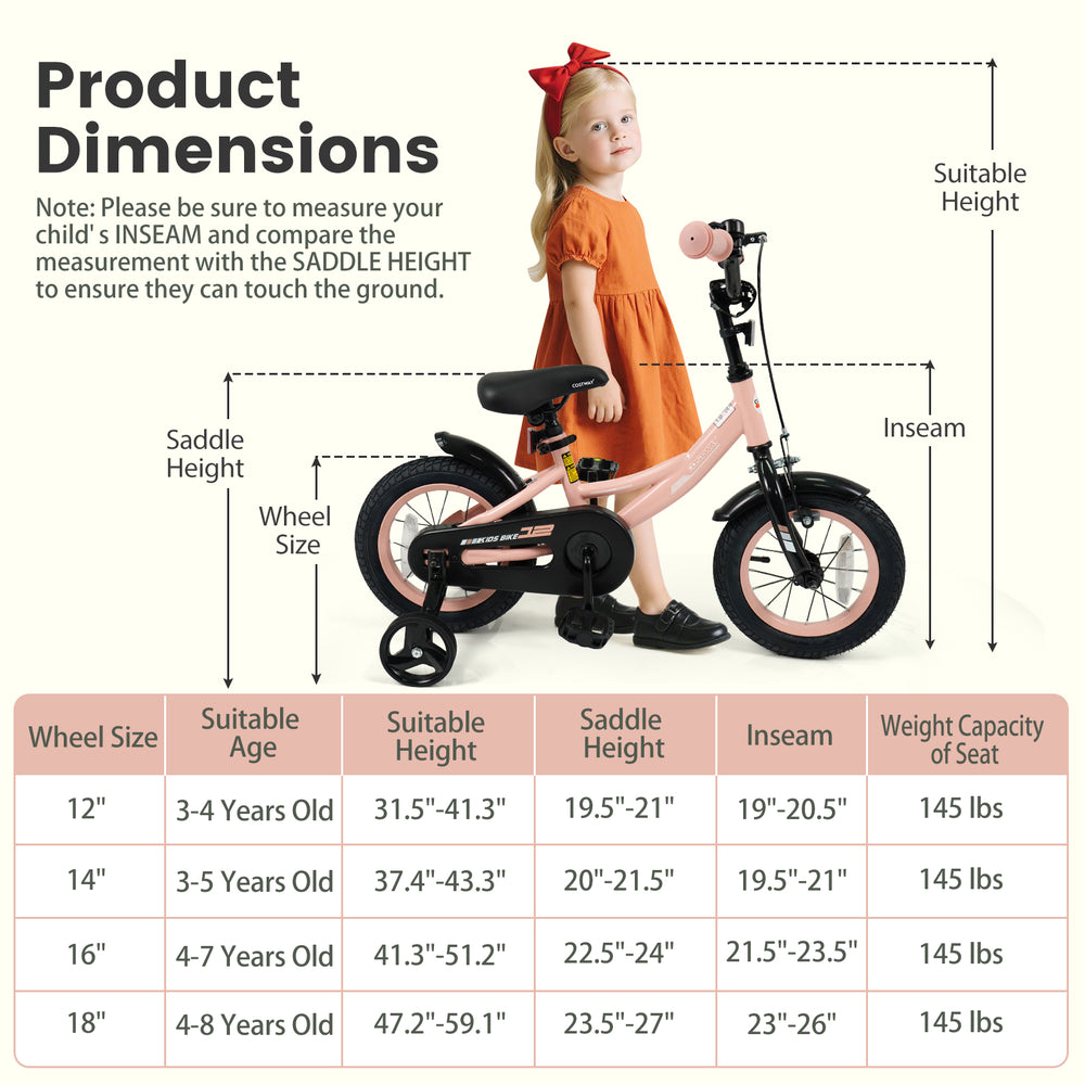12-inch pink kids bike with adjustable seat, removable training wheels, and dual brakes for ages 3-8 years old.