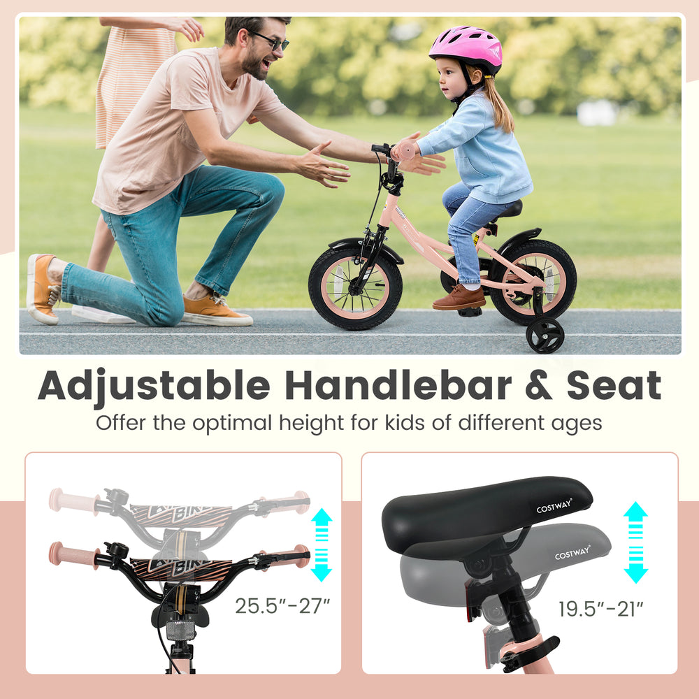 Adjustable pink 12-inch kids bike with removable training wheels, ideal for ages 3-8, featuring dual brake methods.