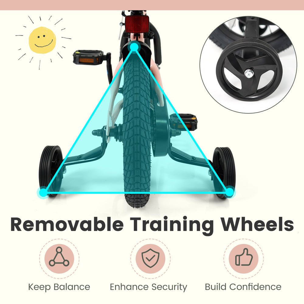 Removable training wheels on a pink 12-inch kids bike for ages 3-8, enhancing balance and confidence while riding.